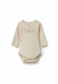 Béžový dlouhý rukávové body pro miminka vyrobené z měkkého bavlněného materiálu, s grafikou dvou kreslených psů a textem "malí přátelé". Tři patentky v dolní části.