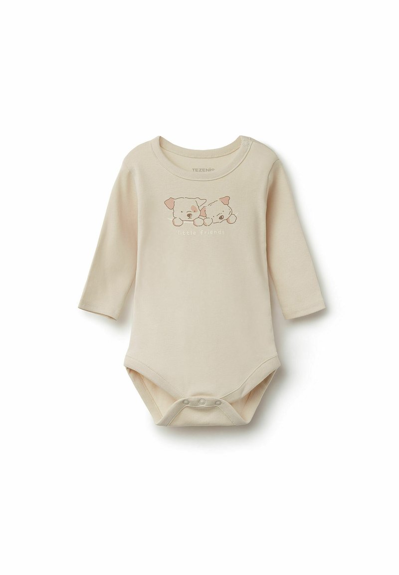 Béžový dlouhý rukávové body pro miminka vyrobené z měkkého bavlněného materiálu, s grafikou dvou kreslených psů a textem "malí přátelé". Tři patentky v dolní části.