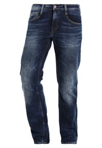 Tmavě modré džíny z denimu s mírně vybledlým povrchem, designem s pěti kapsami a rovnými nohavicemi. Obsahují viditelné švy a zapínání na knoflík.