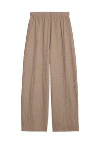 Pantalones anchos beige con un acabado texturizado, que cuentan con una cintura elástica y un ajuste holgado para mayor comodidad.