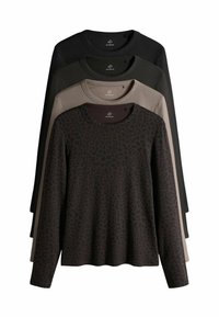 Pikad varrukad särkide virn. Esimene särk on tume loomade mustriga; teised on ühetoonilised mustad, tumerohelised ja beežid. Puuvillane materjal.