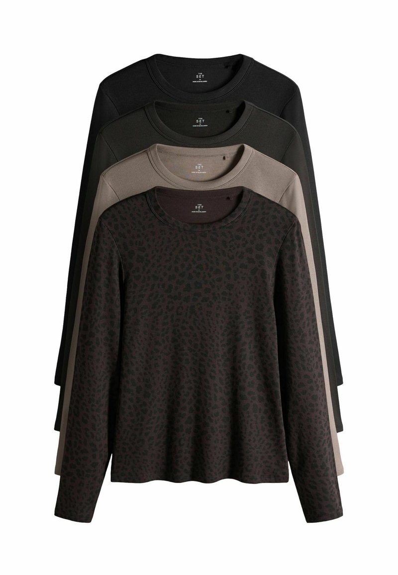 Pikad varrukad särkide virn. Esimene särk on tume loomade mustriga; teised on ühetoonilised mustad, tumerohelised ja beežid. Puuvillane materjal.