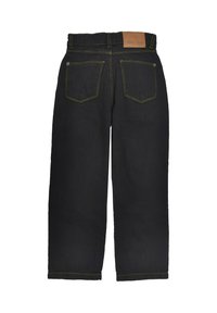 Schwarze Denim-Jeans mit geradem Bein, gelben Nähten und zwei Gesäßtaschen. Mit einem braunen Lederlabel am Bund.