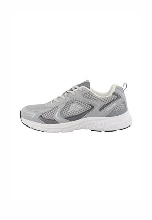 Lightweight athletic shoe in gray mesh with white accents, featuring a cushioned sole, rounded toe, and lace-up design.