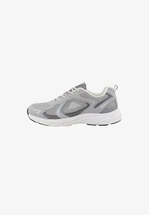 Lightweight athletic shoe in gray mesh with white accents, featuring a cushioned sole, rounded toe, and lace-up design.