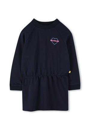 Abito blu navy con maniche lunghe a raglan, vita elastica e cuoricino ricamato rosa con il testo "BILLIEBLUSH". Tessuto morbido.
