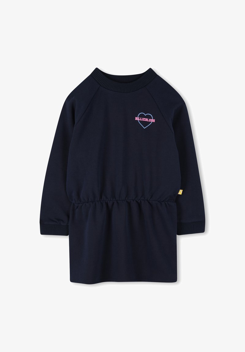 Långärmad marinblå klänning med raglanärmar, elastisk midja och en rosa broderad hjärta med texten "BILLIEBLUSH". Mjuk tygkänsla.