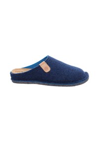 Blue felt slipper with a wool blend, open back, rounded toe, and a tan leather accent. Features a grey rubber sole and soft inner lining.