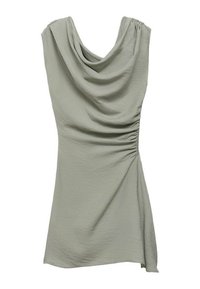 Hellgrünes ärmelloses Top mit einem drapierten Ausschnitt, gerafftem Seitendetail und einem fließenden Textil, das eine sanfte Silhouette erzeugt.