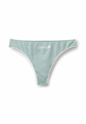 Tanga de algodón verde menta con ribete blanco que presenta el texto "Lovely" y un gráfico de corazón. Textura suave y cinturilla de ancho medio.