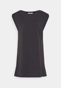 Czarny bezrękawnik z okrągłym dekoltem, wykonany z g�ładkiego materiału; ma luźny krój i subtelne rozcięcia po bokach u dołu.