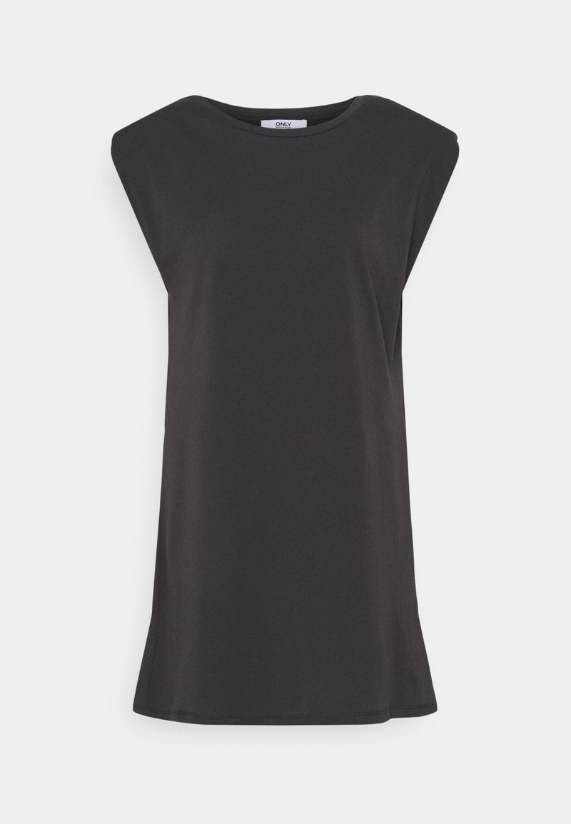 Haut sans manches noir avec un col rond, fabriqué en tissu lisse ; présente une silhouette décontractée et des fentes latérales discrètes à l'ourlet.