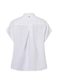 Witte short-sleeve shirt gemaakt van lichtgewicht stof, met een rugplooitje en een klein knoopdetail bij de kraag.