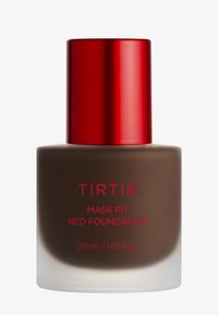 TIRTIR Mask Fit Red Foundation in a glass bottle with a matte brown base and shiny red cap, labeled with product details in red text.
