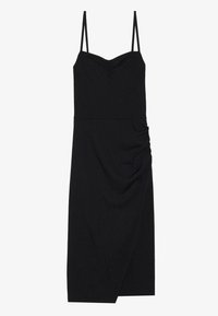 Schwarzes geripptes Kleid mit Spaghetti-Trägern, taillierter Silhouette und gerafftem Detail an der Seite. Glatte Textur mit einem knielangen Saum.