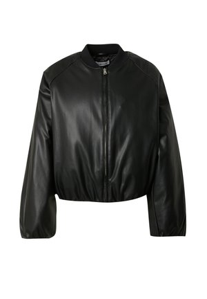 Zwarte cropped bomberjack van glad fauxleer, met een ritssluiting aan de voorkant, geribde kraag en brede mouwen met elastische manchetten.