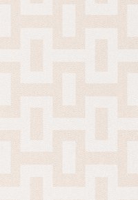 Textiel met een beige geometrisch patroon van overlappende rechthoeken op een lichtere achtergrond. Gladde textuur, geweven ontwerp.