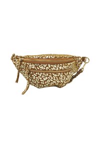 Sac banane en imprimé léopard doré et beige, doté de deux compartiments zippés et d'une finition texturée. Sangle ajustable avec détail en métal.