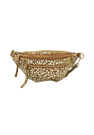 Sac banane en imprimé léopard doré et beige, doté de deux compartiments zippés et d'une finition texturée. Sangle ajustable avec détail en métal.