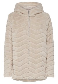 Beżowy kaptur z sztucznego futra, z wzorem w zygzak, z zamkiem błyskawicznym i miękką teksturą. Zaprojektowany z kapturem i długimi rękawami.