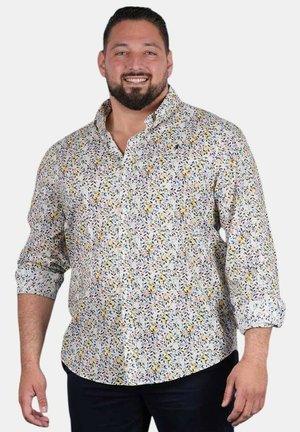 Homme souriant aux cheveux foncés et à la barbe, portant une chemise blanche à manches longues avec un motif de feuilles multicolores, manches retroussées.