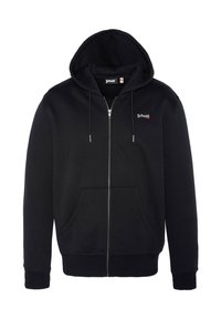 Sort zip-up hoodie i bomuldsblandning, med en lomme foran, snøre i hætten, ribbede manchetter, og et lille rødt logo på brystet.