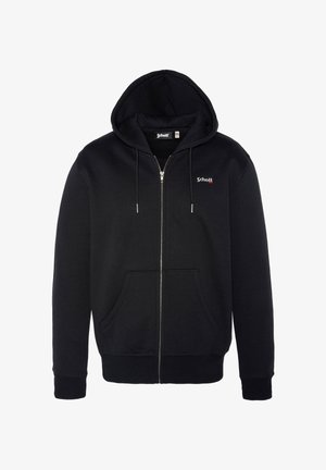 Schwarze Zip-Hoodie aus Baumwollmischung, verfügt über eine Fronttasche, eine Kapuze mit Kordelzug, gerippte Bündchen und ein kleines rotes Logo auf der Brust.