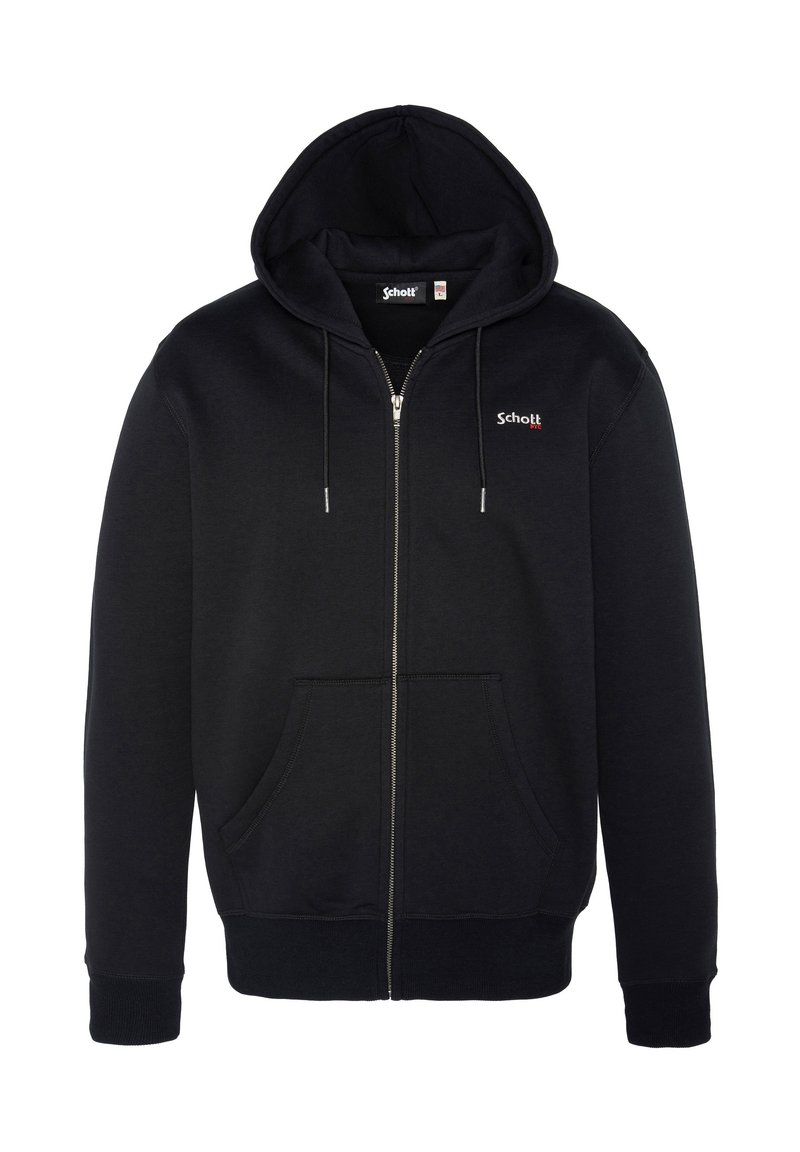 Sort zip-up hoodie i bomuldsblandning, med en lomme foran, snøre i hætten, ribbede manchetter, og et lille rødt logo på brystet.
