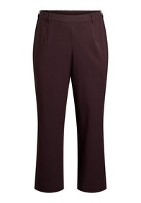 Bordeauxrode broek van rekbare stof, met een elastische tailleband, twee steekzakken aan de voorkant en een rechte pijp.