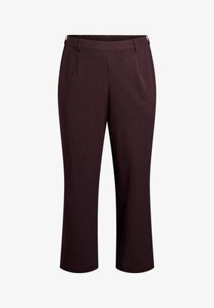 Pantalones burdeos de tela elástica, con cintura elástica, dos bolsillos delanteros y diseño de pierna recta.