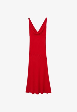Punane ilma varrukateta kleit, millel on kumer kaelus, sile tekstuur, vormitud korpus ja laienev äär, valmistatud pehmest ja kergest kangast.