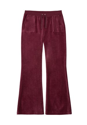 Pantaloni a zampa d'elefante bordeaux in morbido velluto, con vita regolabile e due tasche frontali. Texture liscia con una vestibilità comoda.