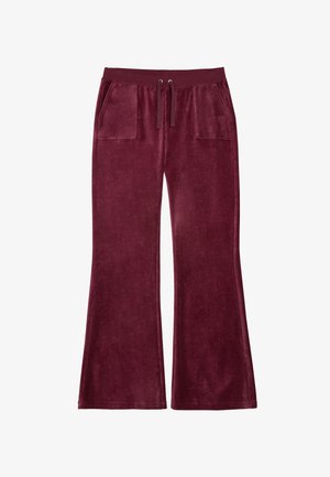 Bordeaux flared broek gemaakt van zachte velours, met een trekkoord tailleband en twee frontzakken. Soepele textuur met een relaxte pasvorm.