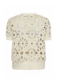 Krém színű horgolt pulóver nyitott virágmintával, rövid ujjas és bordázott szegéllyel. Texturált anyag könnyű kialakítással.