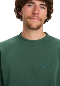 Dark green sweatshirt made of soft material with a crew neck, featuring a small embroidered logo on the chest. Smooth texture, simple design.