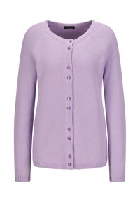 Lichtpaarse gebreide cardigan met lange mouwen, ronde halslijn en een rij bijpassende paarse knopen aan de voorkant.