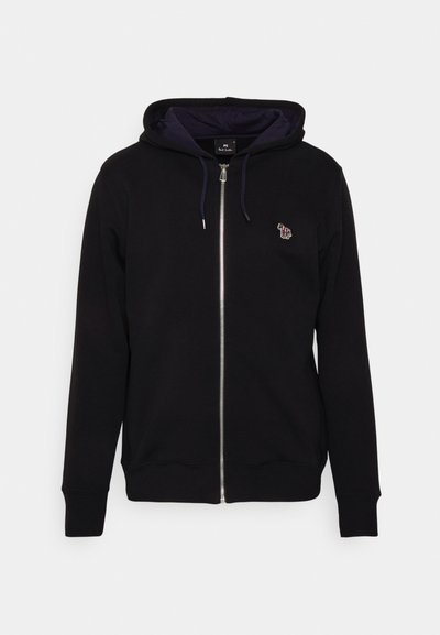 Čierna mikina na zips z kombinovanej bavlny, s námorníckou vnútornou kapucňou, šnúrkami a malým vyšitým logom na hrudi.