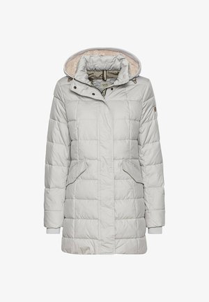 Hellgraue, gepolsterte Winterjacke mit gefütterter Kapuze, Fronttaschen und Reißverschluss. Glatte Textur mit gesteppte Designelementen.