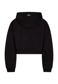 Felpa nera corta con maniche lunghe e cappuccio, con un piccolo etichetta "RETOUR" sul collo sul retro.