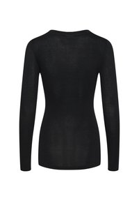 Black long-sleeve fitted top with round neckline, shown from the back on a white background.