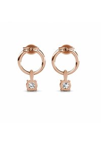 Roségoldene Creolenohrringe mit einem kleinen Kristall-Abhängungselement. Zirkuläres Design mit einer eleganten Oberfläche und strukturierten Akzenten an der Oberseite.