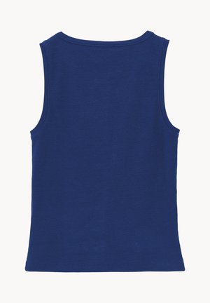 Mouwloos navyblauw geribd tanktop met een ronde halslijn, gezien van achteren op een witte achtergrond.