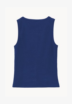 Mouwloos navyblauw geribd tanktop met een ronde halslijn, gezien van achteren op een witte achtergrond.