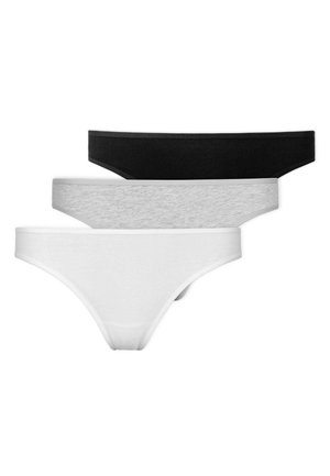 Tre paia di perizoma in nero, grigio e bianco. Realizzati in tessuto morbido con una texture liscia e una cintura elastica.