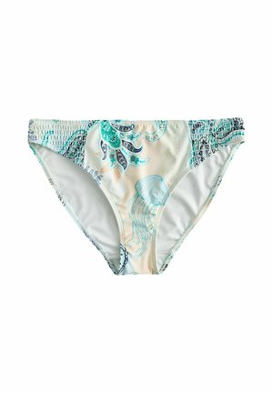 Chiloti de bikini pentru femei cu modele de creaturi marine în nuanțe de teal și albastru închis și elemente paisley pe un fundal alb, având laterale elastice adunate.