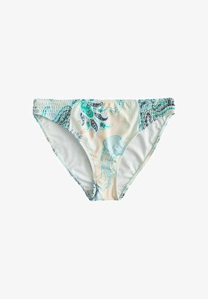 Kvinders bikiniunderdele med mønstre af havdyr og paisley i grønblå og mørkeblå på hvid baggrund, med rynkede elastiksider.