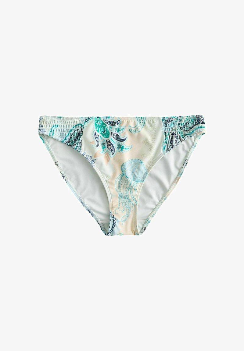 Bas de bikini pour femme avec motifs de créatures marines en bleu sarcelle et bleu marine et motifs cachemire sur fond blanc, avec côtés élastiqués froncés.