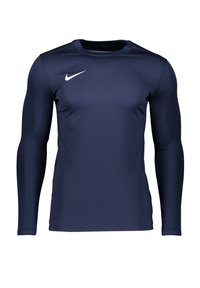 Námořnická modrá atletická košile s dlouhým rukávem vyrobená z hladkého, prodyšného materiálu. Na horní levé části hrudi se nachází bílé logo Nike.