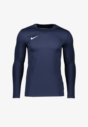 Námořnická modrá atletická košile s dlouhým rukávem vyrobená z hladkého, prodyšného materiálu. Na horní levé části hrudi se nachází bílé logo Nike.