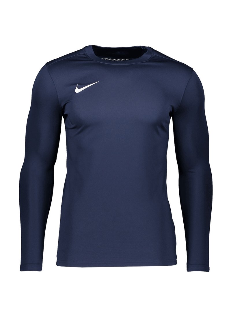 Námořnická modrá atletická košile s dlouhým rukávem vyrobená z hladkého, prodyšného materiálu. Na horní levé části hrudi se nachází bílé logo Nike.